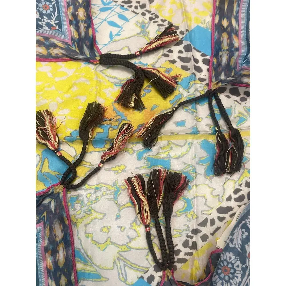 Johnny Was Silk Scarf Large Square Patchwork Boho Tassel Wrap Pink Blue